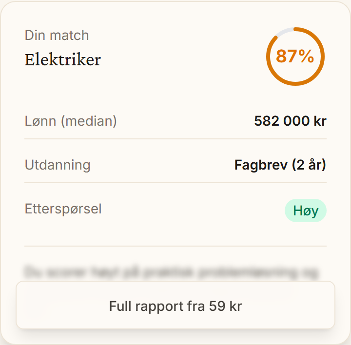 Eksempel på en ferdig karriererapport, med match-prosent, lønn, utdanning og mangel på arbeidskraft for yrket.